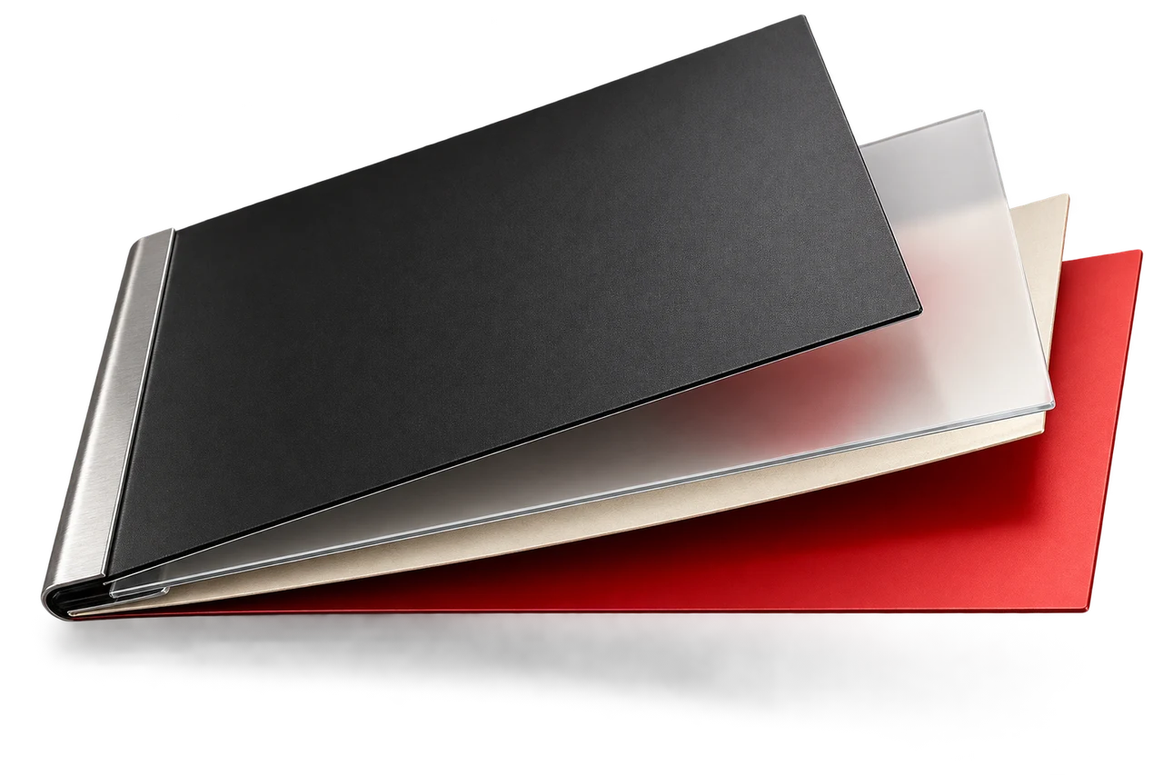 Illustrative securities folio with graphite, transparent and vermilion layers